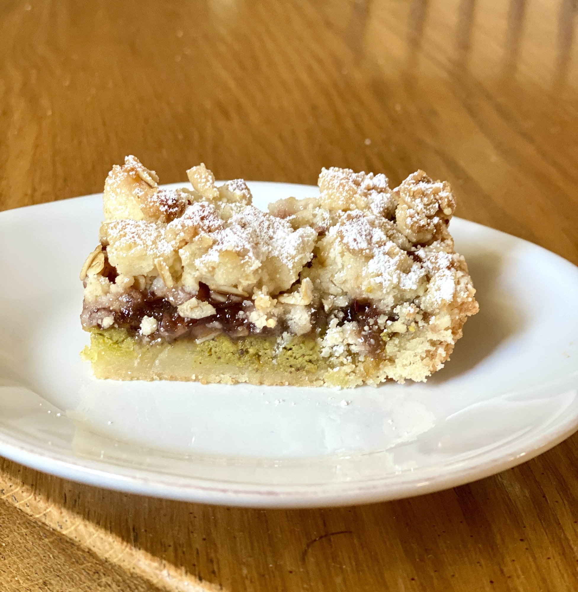 Raspberry and Pistachio Butter Crumble Bars